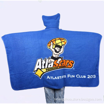 polar fleece plush sponsor logo sports print poncho blanket with hat